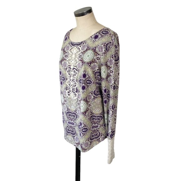 Sundance Catalog Veda Embroidered Front Top XL Cable Knit Cuff Tile Print - Picture 2 of 10